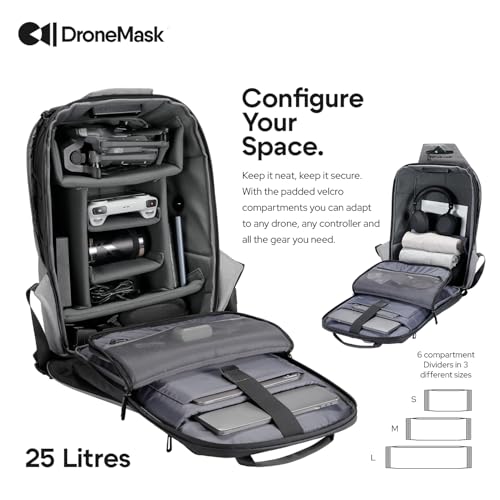 DronePack 25L customizable Travel Camera Bag with removable dividers - EARLY BIRD - Drone Backpack incl. TSA lock, fire-resistant battery pocket, laptop compartment, ergonomic straps - grey Drone Bag