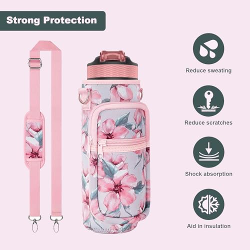 Water Bottle Holder with Strap, Insulated Crossbody Sling Bag, Carrier with Phone Pocket for Walking Hiking Camping Fishing - color: Flower Pink 05, size: 32oz Long