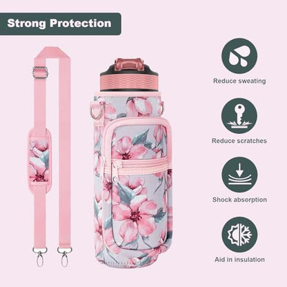 Water Bottle Holder with Strap, Insulated Crossbody Sling Bag, Carrier with Phone Pocket for Walking Hiking Camping Fishing - color: Flower Pink 05, size: 32oz Long