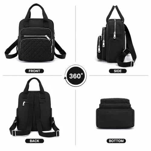Small Backpack for Women Casual Quilted Square Bag Waterproof Multi Pockets Daypack Lightweight Top Handle Satchel - color: Black