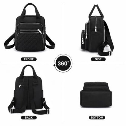 Small Backpack for Women Casual Quilted Square Bag Waterproof Multi Pockets Daypack Lightweight Top Handle Satchel - color: Black