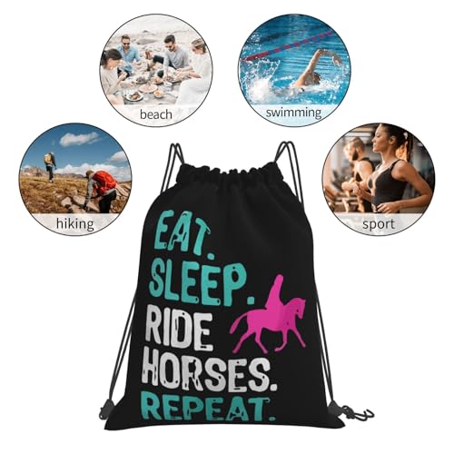 Eat Sleep Ride Horses Repeat Unisex Drawstring Backpack Bag Sport Gym Travel Swim Sackpack - color: Eat Sleep Ride Horses Repeat