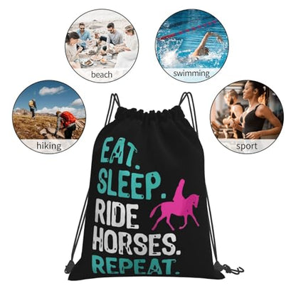 Eat Sleep Ride Horses Repeat Unisex Drawstring Backpack Bag Sport Gym Travel Swim Sackpack - color: Eat Sleep Ride Horses Repeat
