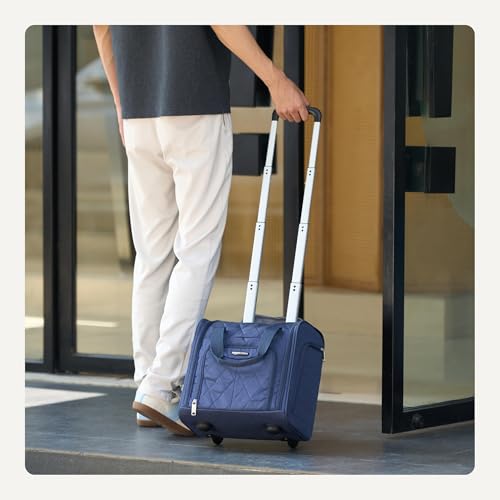 Amazon Basics Underseat Carry-On Luggage with Wheels, 14" Rolling Travel Bag, Fits Under the Seat with Multiple Pockets and Compartments, Navy Quilted - color: Navy Quilted