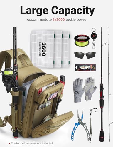 Piscifun Fishing Backpack Tackle Bag with 2 Rod Holders, Multi-Compartment Storage, MOLLE System, Water-Resistant Lightweight Outdoor Pack - color: Double Shoulder - Black, style: Standard