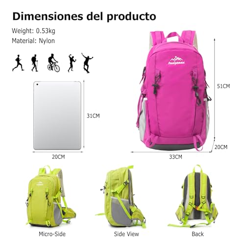 30L Hiking Backpack with Hydration Compartment Water Resistant Outdoor Daypack with Breathable Back System Rucksack for Camping Travel Daily Use Rose Red - color: Rose Red