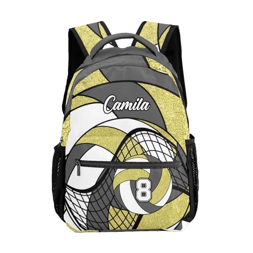 Volleyball Grey Gold Shoulders Bags Daypack with Name Personalized School Bookbag for Sports Party Traveling - color: Volleyball Grey Gold