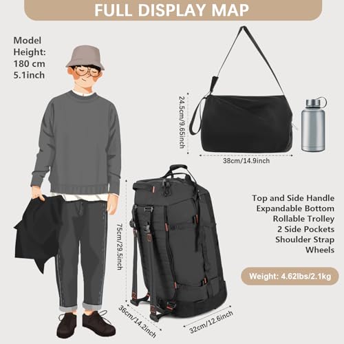 29" 86L Foldable Wheeled Duffle Bag, Waterproof Travel Rolling Backpack with Quilted Bottom, Black - color: Black