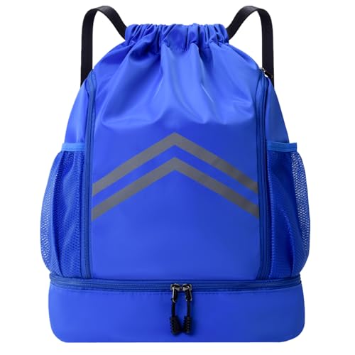 Sports Drawstring Backpack Bag - Waterproof Gym Drawstring Bags with Shoes Compartment and Water Bottle Pockets - Cinch String Backpack - Swim Drawstring Beach Bags for Women & Men, Royal Blue - color: Royal Blue