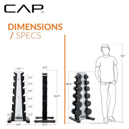 CAP Rubber Coated Hex Dumbbell Set with Storage Rack | 100–210 lb Options, Space-Saving Vertical Compact Storage for Home Gym Strength Training - size: 210 lb - Set - Silver Rack, style: 12-Sided Chrome Handle