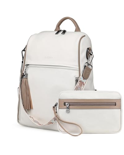 FADEON Womens Backpack Purse Large Designer PU Leather Laptop Backpacks, Ladies Computer Shoulder Bags (3 White Retro Style, Medium (14-in Height)) - color: 3 White Retro Style, size: Medium (14-in Height)