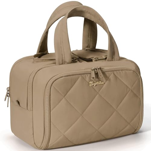 Travel Toiletry Bag, Large Wide-open Puffy Makeup Bag for Women Khaki - color: Khaki