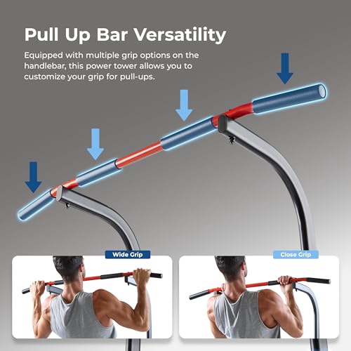Sunny Health & Fitness Power Tower Dip Station & Pull-Up Bar, Multi-Function Strength Training Equipment with Captain’s Chair, Push-Up Bars & Core Workout for Home Gym