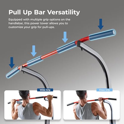 Sunny Health & Fitness Power Tower Dip Station & Pull-Up Bar, Multi-Function Strength Training Equipment with Captain’s Chair, Push-Up Bars & Core Workout for Home Gym