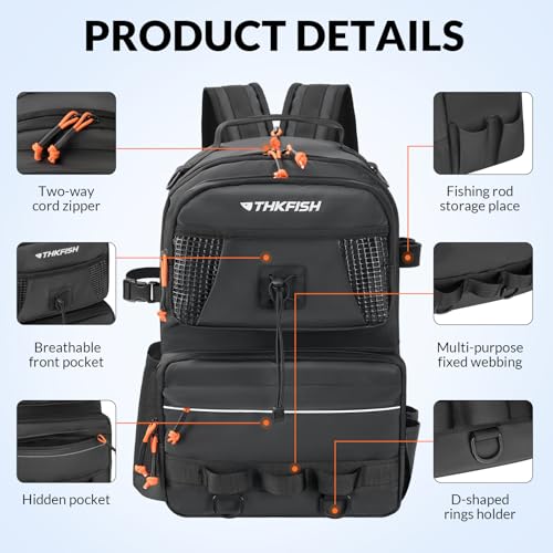 THKFISH Fishing Backpack with Tackle Boxes, 20L Waterproof Tackle Sling Bag with Lures Kit, Fish Lip Gripper, Pliers, Scissors, Fishing Gifts for Men Women - color: Black Fishing Backpack with Tackle Boxes