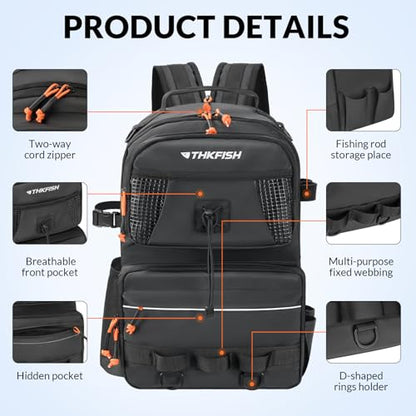 THKFISH Fishing Backpack with Tackle Boxes, 20L Waterproof Tackle Sling Bag with Lures Kit, Fish Lip Gripper, Pliers, Scissors, Fishing Gifts for Men Women - color: Black Fishing Backpack with Tackle Boxes