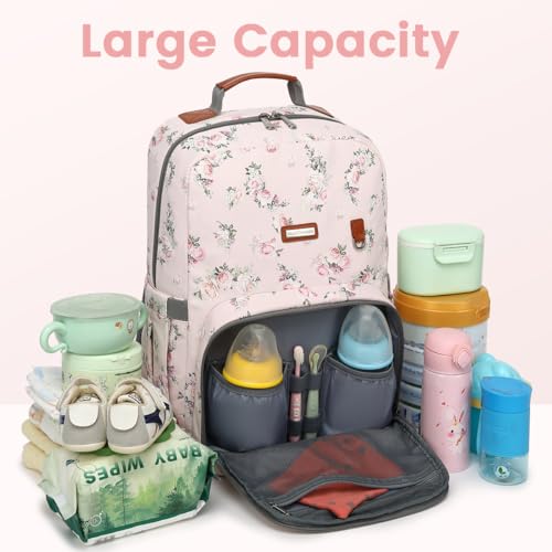 Diaper Bag Backpack, Large Baby Nappy Bags with Portable Changing Pad for Boys and GirlsMultifunction Travel Baby Bag for Moms Dads, Shower Gifts Waterproof and Stylish，Flower Pink - color: Flower Pink