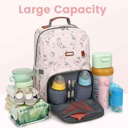 Diaper Bag Backpack, Large Baby Nappy Bags with Portable Changing Pad for Boys and GirlsMultifunction Travel Baby Bag for Moms Dads, Shower Gifts Waterproof and Stylish，Flower Pink - color: Flower Pink