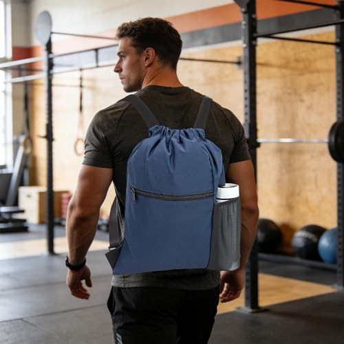 HOLYLUCK Men & Women Outdoor Sport Gym Sack Waterproof Drawstring Backpack Bag (Standard with width webbing, Navy Blue-1) - color: Navy Blue-1, style: Standard With Width Webbing