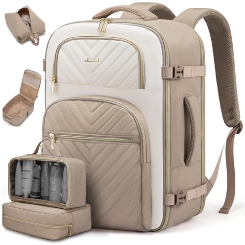 LOVEVOOK Travel Backpack Carry on Flight Approved 40L,Waterproof TSA Travel Essentials Personal Item Backpack for Women Men,Large Carry on Luggage Suitcase Travel Bag for Airplane with 3 Packing Cubes - color: Khaki - Beige White, size: Large-40L-4Pcs