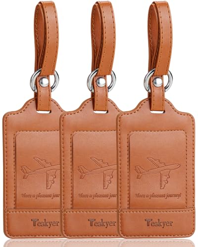 Teskyer Luggage Tags, 3 Pack Premium PU Leather Luggage Tags Privacy Protection Travel Bag Labels Suitcase Tags - color: Brown