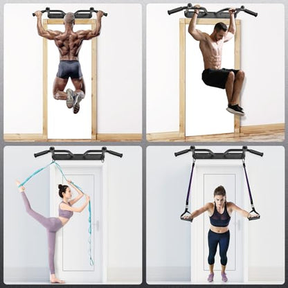 SELEWARE Heavy Duty Wall Mounted Pull Up Bar - Fully Welded Multifunctional Chin Up Bar with Ball Finger Training & Accessory Hooks, 600LB Capacity for Support Beam/Joist/Doorway