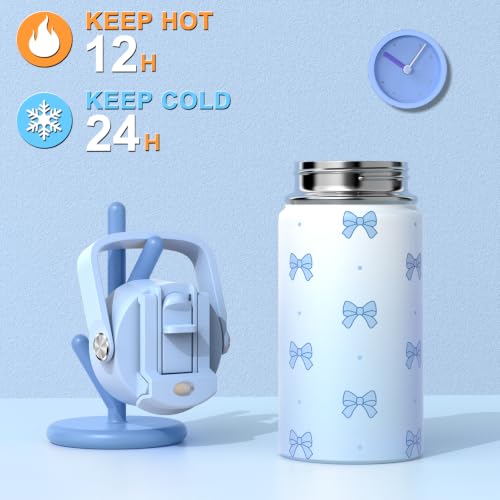 Bevalsa Backpack for Girls, Bow Bookpack with 14oz Insulated Water Bottle, Lunch Bag & Pen Case, Schoolbag for Kids & BPA-FREE Stainless Steel Metal Cup for Elementary Middle Student (Blue) - color: Blue