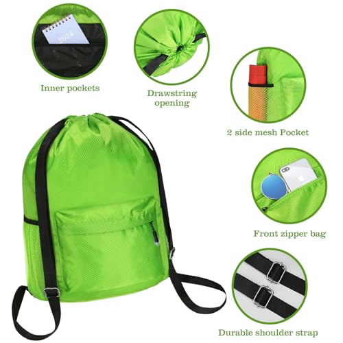 Waterproof Drawstring Bag, Lightweight String Backpack with Water Bottle Holder and Pockets, Gym Sports Cinch Sackpack (Green) - color: Green