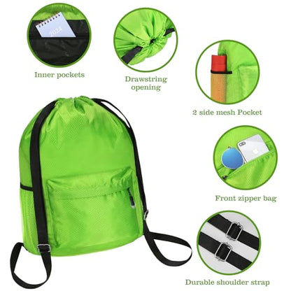 Waterproof Drawstring Bag, Lightweight String Backpack with Water Bottle Holder and Pockets, Gym Sports Cinch Sackpack (Green) - color: Green