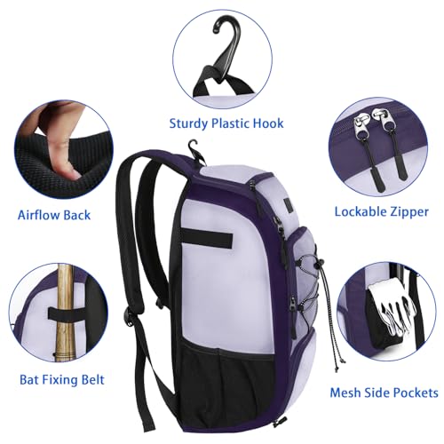 MATEIN Baseball Backpack, Softball Bat Bag with Shoes Compartment for Youth, Boys and Adult, Lightweight Baseball Bag with Fence Hook Hold TBall Bat, Batting Mitten, Helmet, Caps, Teeball Gear - color: Purple, size: 29L