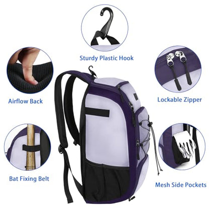 MATEIN Baseball Backpack, Softball Bat Bag with Shoes Compartment for Youth, Boys and Adult, Lightweight Baseball Bag with Fence Hook Hold TBall Bat, Batting Mitten, Helmet, Caps, Teeball Gear - color: Purple, size: 29L