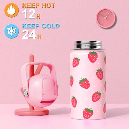 Bevalsa Backpack for Girls, School Bookbag Teen Girls Backpack Set with 14oz Insulated Water Bottle Stainless Steel, Lunch Bag & Pencial Case for Kids Elementary Middle Student (Pink Strawberry) - color: Pink Strawberry
