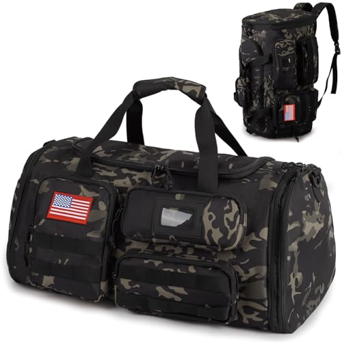 Expandable Gym Bag For Men,Tactical Large 3 in 1 Sports Duffle Bag With Shoes Compartment,Water Resistant Sports Gym Tote Bags Multi-functional Weekend Travel Backpack Overnight Bag - color: Camo Black