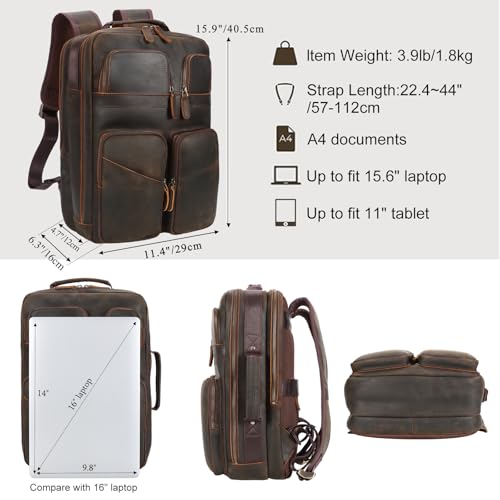 TIDING Full Grain Leather 15.6" Laptop Backpack for Men Multi Pockets Casual Daypack Business Travel Rucksack - color: Deep Brown