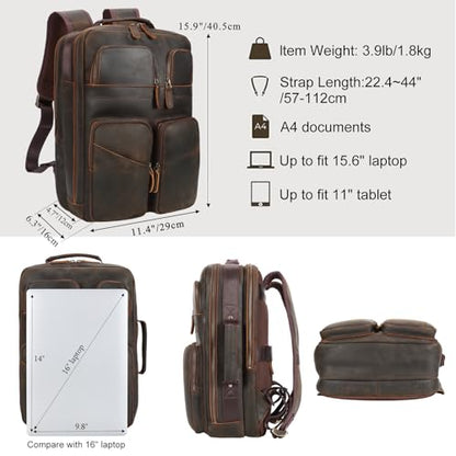 TIDING Full Grain Leather 15.6" Laptop Backpack for Men Multi Pockets Casual Daypack Business Travel Rucksack - color: Deep Brown