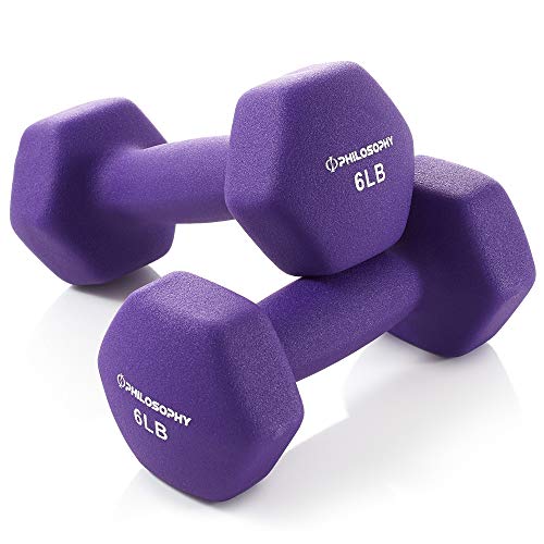 Philosophy Gym Set of 2 Neoprene Dumbbell Hand Weights, Hexagon Shape - style: Purple 6 lb Pair