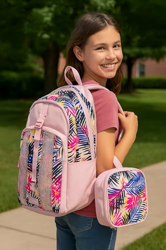 FUEL Lunch Backpack Set Teens Student Water Resistant Bookbag Bag Soft Reusable Insulated Cooler Lunch Box Thermal Travel Office Lunch Bag, Tropical Palm Trees - color: Rose Sand Pink/Tropical Palm Print