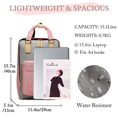 VASCHY School Backpack for Women/Teen Girls, Travel Backpack Water Resistant College High School Computer Bag Student Bookbag, Pink and Gray