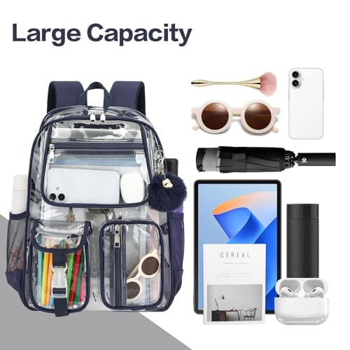 Clear Backpacks for Girls Boys, Heavy Duty PVC Transparent School Bookbag See Through Back Pack for College Work Travel (Navy Blue) - color: Navy Blue