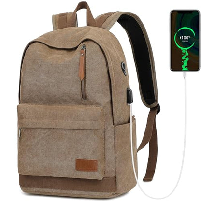 Canvas Laptop Backpack, Waterproof School Backpack With USB Charging College - color: Coffee