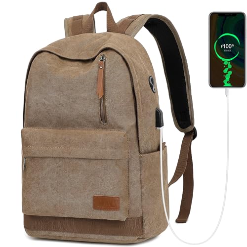 Canvas Laptop Backpack, Waterproof School Backpack With USB Charging College - color: Coffee