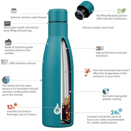 BJPKPK 17 oz Insulated Thermal Metal Water Bottle, Stainless Steel Flask - color: Laguna, size: 17 Ounces