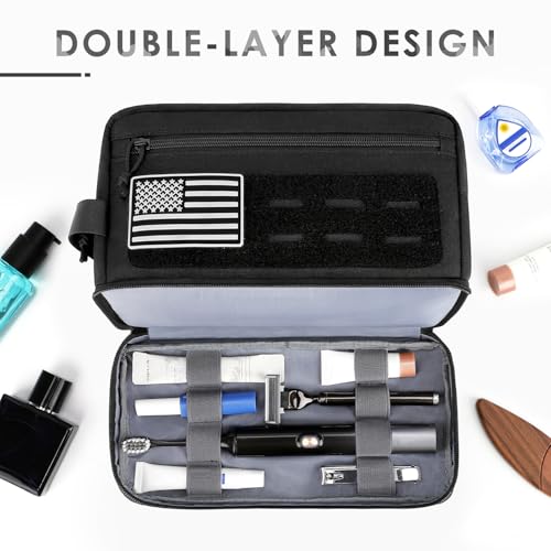 ETRONIK Tactical Toiletry Bag for Men, Travel Hygiene Bag with Double-layer, Hanging Toiletry Bag Water-Resistant Shaving Dopp Kit with EDC Molle Pouches, Bathroom Shower Makeup Bag Women, Black - size: M