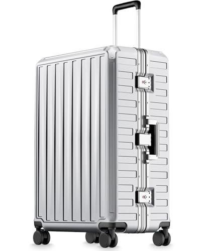 LUGGEX Checked Suitcase with Spinner Wheels, 8010S Aluminum Frame Zipperless Polycarbonate Hard Shell Suitcase (ZX-Core, Silver Ivory, 28 Inch) - color: Silver Ivory, size: Checked-Large 28-inch