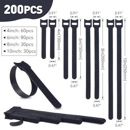 MVYC 200PCS Reusable Cable Ties Wire Ties Cord Organizer Cable Organizer Adjustable Cable Management Black 4+6+8+10 inch - size: 4+6+8+10 Inch (Black)