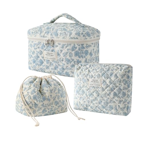 3pcs Large Cotton Quilted Makeup Bag Set,Coquette Aesthetic Cute Travel Toiletry Bag,Drawstring Gift Bag for Women and Girls(3Pcs Light Blue) - color: 3Pcs Light Blue