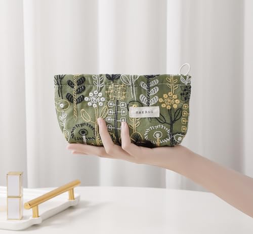 getgto 2 Pcs Makeup Bags, Large Cosmetic Bag Travel Toiletry Bag Organizer for Women, Embroidery Craft,Makeup Bag Small Cosmetic Pouch Purse with Zipper Gifts for Girls Teen - color: Green tree