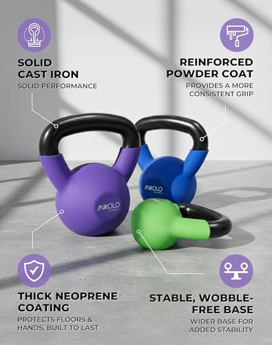 Mikolo Neoprene Coated Cast Iron Kettlebells 5-30LB Set, Solid Weight Set with Wide Grip Handle and Flat Bottom, Ideal for Full Body Strength Training at Home Gym - size: 15LB
