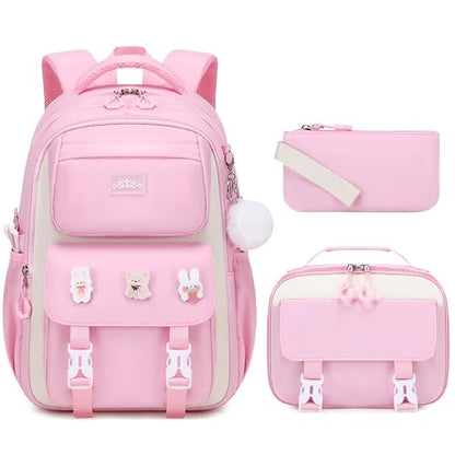 DIGOBAY 3PCS Girls Backpack for School, Hot Pink Large Kids Backpack for Girls with Lunch Box Pencil Case Set for Teen Girl Elementary Primary Middle High College School Bookbag with Cute Pins - color: Hot-pink