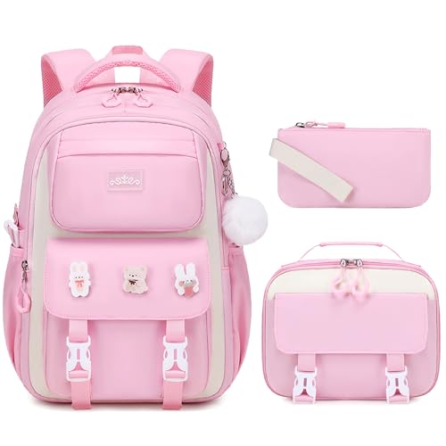 DIGOBAY 3PCS Girls Backpack for School, Hot Pink Large Kids Backpack for Girls with Lunch Box Pencil Case Set for Teen Girl Elementary Primary Middle High College School Bookbag with Cute Pins - color: Hot-pink